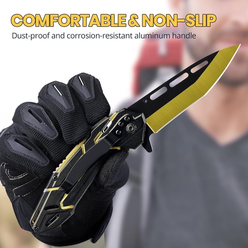FUNBRO Pocket Knife for Men, Cool Folding Knife with 3.4” Stainless Steel Sharp Blade, Flipper Open EDC Knives with Clip for Outdoor Camping Hiking, Gifts for Dad Him Husband (Gold) - Image 3